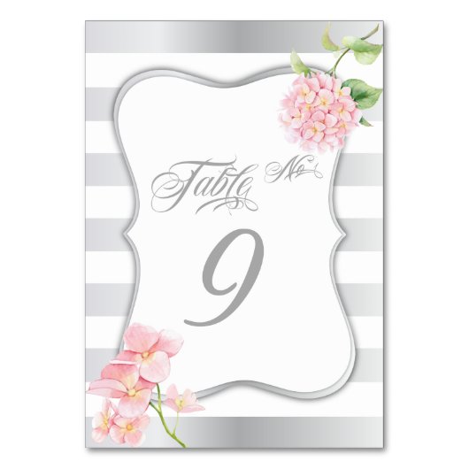 シルバーエレガントストライプピンクアジサイのテーブルカード テーブルナンバー (裏面)