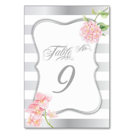 シルバーエレガントストライプピンクアジサイのテーブルカード テーブルナンバー