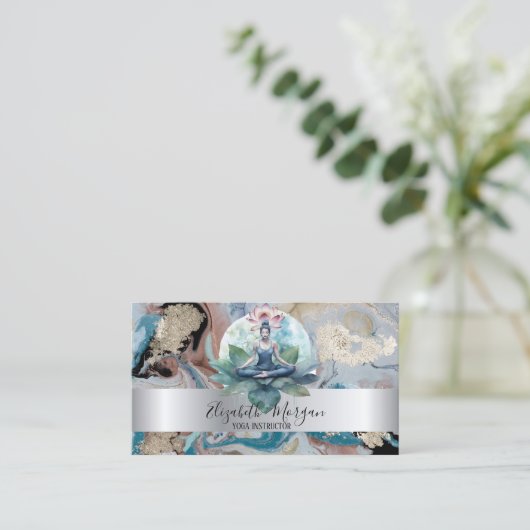 シルバーエレガントストライプロータスガールマーブル 名刺 (スタンド正面)