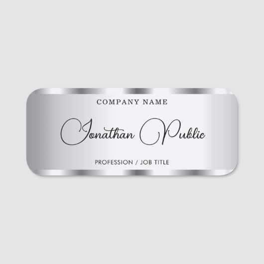 シルバーエレガントタイポグラフィスクリプト文字テンプレート 名札 (正面)