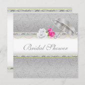シルバーエレガントダマスクとピンクローズブライダルシャワー 招待状 (正面/裏面)