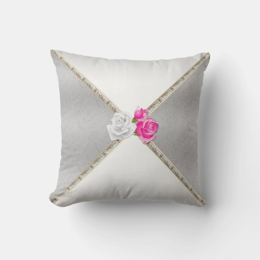 シルバーエレガントダマスクとピンクローズ クッション (正面)