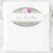 シルバーエレガントダマスクとピンクローズ 楕円形シール (バッグ)