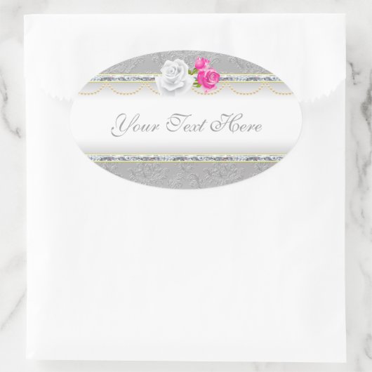シルバーエレガントダマスクとピンクローズ 楕円形シール (バッグ)