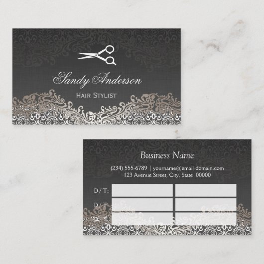 シルバーエレガントダマスクヘアサロン数々のアポイントメント 予約カード (正面/裏面)