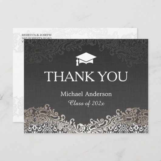 シルバーエレガントダマスク卒業ありがとう ポストカード (正面/裏面)