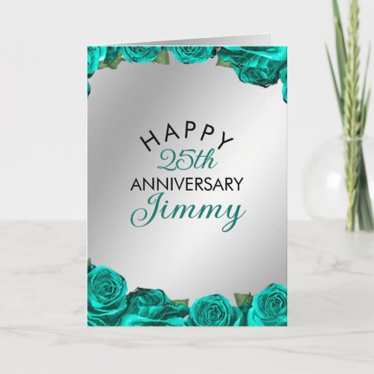 シルバーエレガントティール(緑がかった色)バラ夫25周年記念 カード (正面)