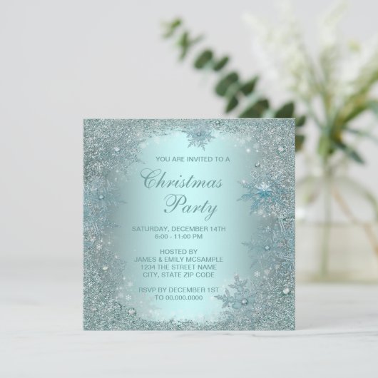 シルバーエレガントティール（緑がかった色）ブルースノーフレーククリスマスパーティー 招待状 (スタンド正面)