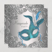 シルバーエレガントティール（緑がかった色）ブルーマスカレードパーティー 招待状 (正面/裏面)