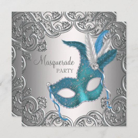 シルバーエレガントティール（緑がかった色）ブルーマスカレードパーティー 招待状 (正面/裏面)