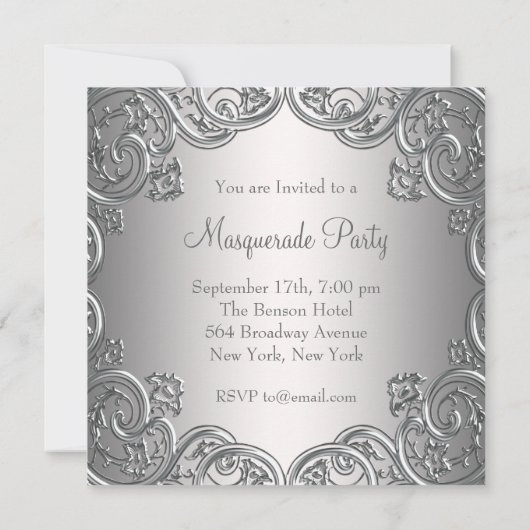 シルバーエレガントティール（緑がかった色）ブルーマスカレードパーティー 招待状 (裏面)