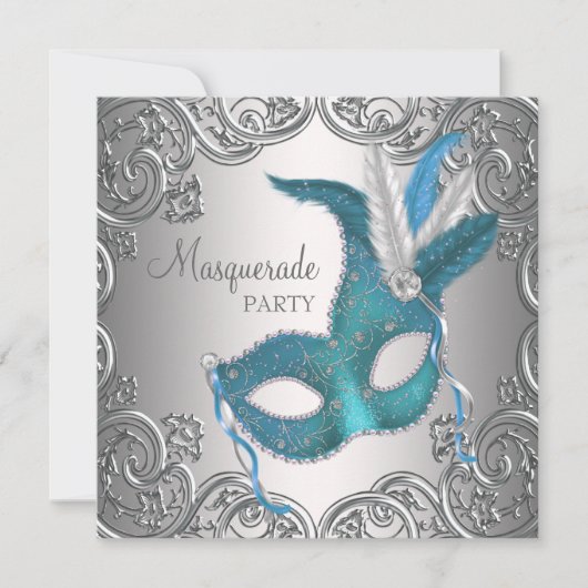 シルバーエレガントティール（緑がかった色）ブルーマスカレードパーティー 招待状 (正面)