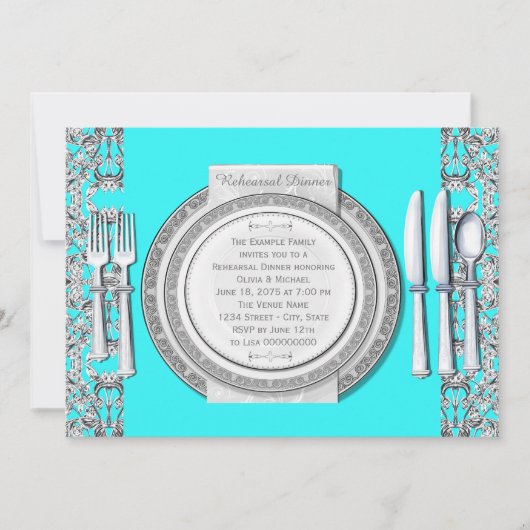 シルバーエレガントティール（緑がかった色）ブルーリハーサルディナー 招待状 (正面)