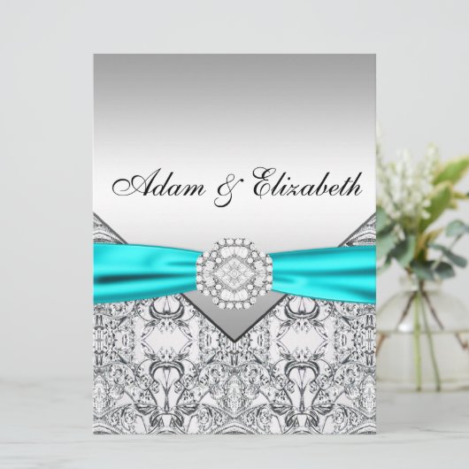 シルバーエレガントティール（緑がかった色）ブルー結婚式招待状 招待状 (スタンド正面)