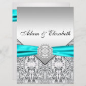 シルバーエレガントティール(緑がかった色)ブルー結婚式招待状 招待状 (正面/裏面)