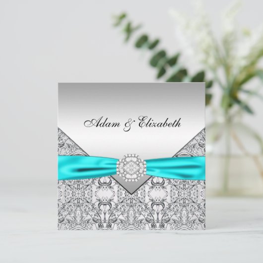 シルバーエレガントティール（緑がかった色）ブルー結婚式招待状 招待状 (スタンド正面)