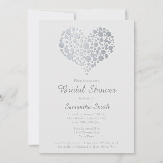 シルバーエレガントハートライトグレーブライダルシャワー 招待状 (正面)