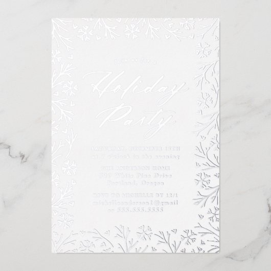 シルバーエレガントフォイルスノーフレークホリデーパーティー 箔招待状 (正面)