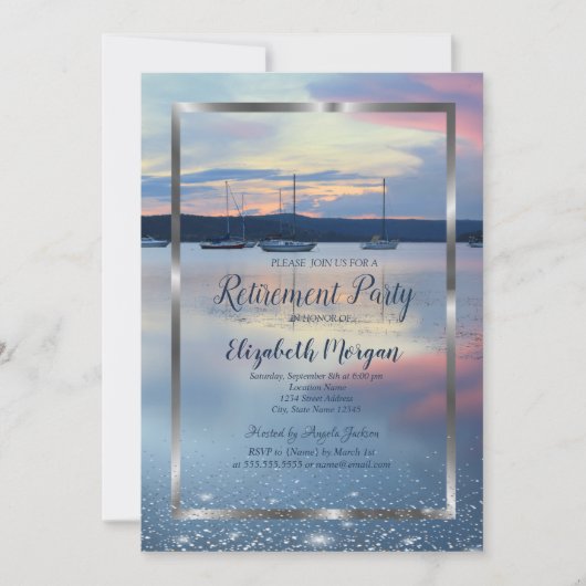 シルバーエレガントフレームネイビーヨットサンセットリタイア 招待状 (正面)