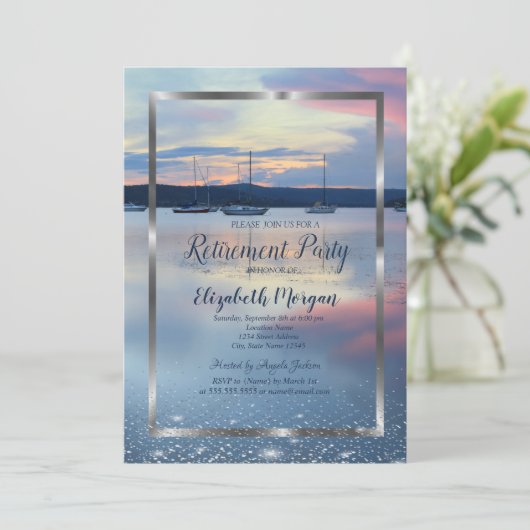 シルバーエレガントフレームネイビーヨットサンセットリタイア 招待状 (スタンド正面)