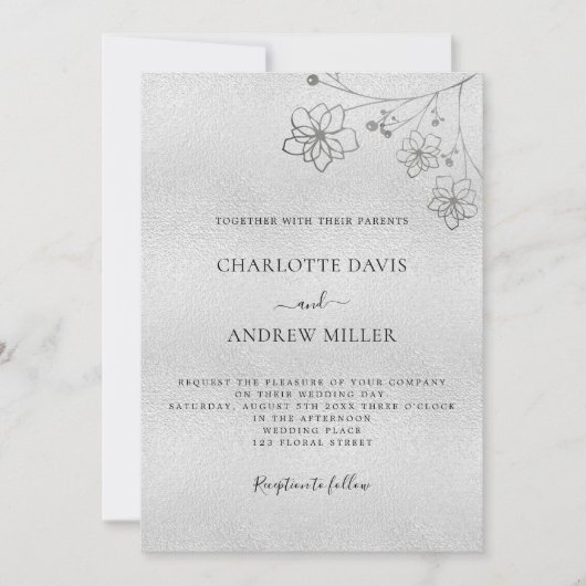 シルバーエレガントフローラの植物性の結婚高級 招待状 (正面)