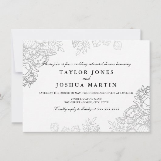 シルバーエレガントフローラリハーサルディナー招待状 招待状 (正面)
