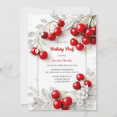 シルバーエレガントフローラレッドさくらんぼ誕生日パーティー 招待状 (正面)