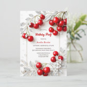 シルバーエレガントフローラレッドさくらんぼ誕生日パーティー 招待状 (スタンド正面)