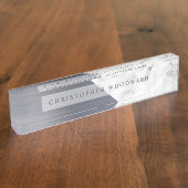 シルバーエレガントブラシ仕上げメタル白大理石 デスクネームプレート (側面)