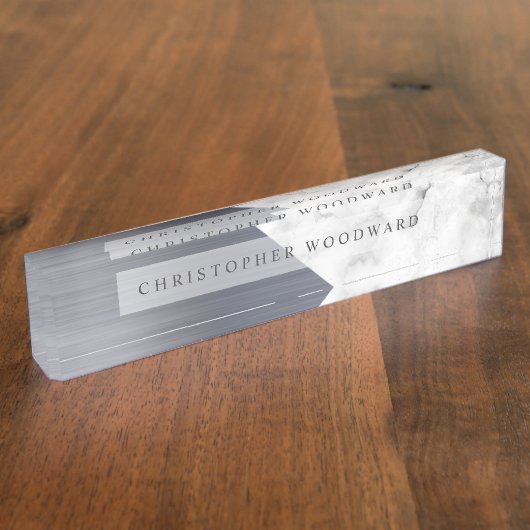 シルバーエレガントブラシ仕上げメタル白大理石 デスクネームプレート (側面)