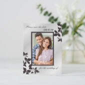 シルバーエレガントブラックフローラ写真Save The Date 案内ポストカード (スタンド正面)