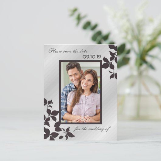 シルバーエレガントブラックフローラ写真Save The Date 案内ポストカード (スタンド正面)