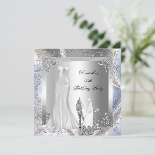シルバーエレガントホワイトハイヒール靴バースデーパーティー 招待状 (スタンド正面)