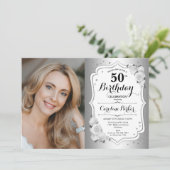 シルバーエレガントホワイトフローラ写真50誕生日 招待状 (スタンド正面)