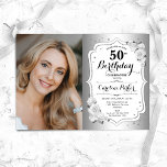 シルバーエレガントホワイトフローラ写真50誕生日 招待状<br><div class="desc">エレガントフローラ50歳のフェミニン誕生日の招待状と写真。グラムデザインフェイク銀。白いバラ、スクリプトフォント、紙吹雪を備えている。大人スタイリッシュのお祝いパーティーに最適。独自の詳細でパーソナライズどんなカスタマイズ年でもいい！印刷されたZazzle招待状または即時ダウンロードのデジタル印刷可能なテンプレート。</div>