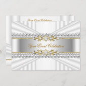 シルバーエレガントホワイト金ゴールド誕生日パーティー 招待状 (正面/裏面)