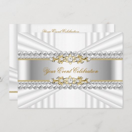 シルバーエレガントホワイト金ゴールド誕生日パーティー 招待状 (正面/裏面)