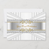 シルバーエレガントホワイト金ゴールド誕生日パーティー 招待状 (正面)