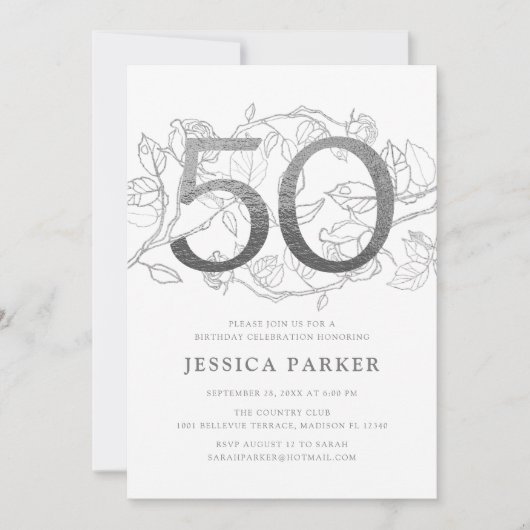 シルバーエレガントホワイト50誕生日 招待状 (正面)