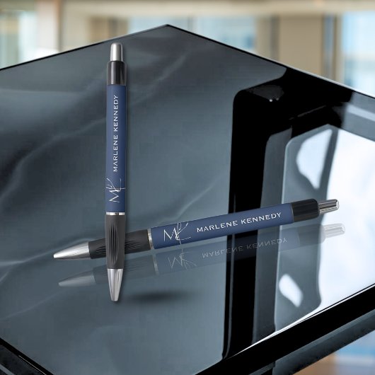 シルバーエレガントモノグラムネイビーブルーロゴ ボールペン