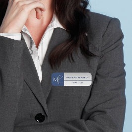 シルバーエレガントモノグラム海軍ブルーロゴ従業員 名札