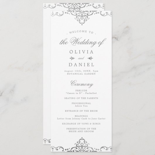 シルバーエレガントロマン華美ティックなヴィンテージ結婚式 プログラム (正面/裏面)