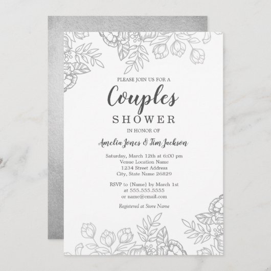 シルバーエレガントヴィンテージフローラカップルのシャワー 招待状 (正面/裏面)