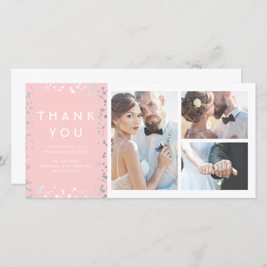 シルバーエレガント紙吹雪ピ結婚ンクさん サンキューカード (正面/裏面)