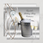 シルバーエレガント金ゴールドシャンパンバースデーパーティー 招待状 (正面/裏面)