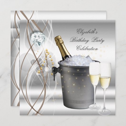 シルバーエレガント金ゴールドシャンパンバースデーパーティー 招待状 (正面/裏面)