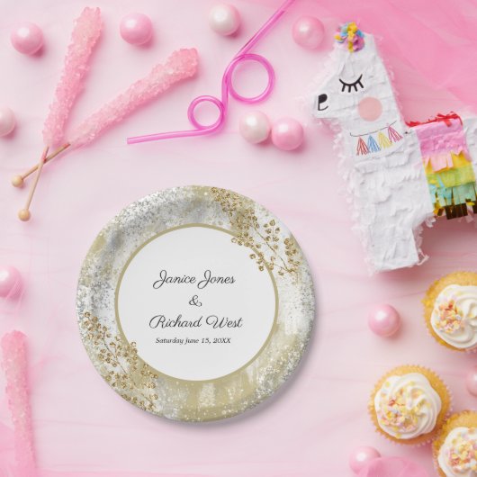 シルバーエレガント金ゴールドフレームのカスタムウェディング ペーパープレート (パーティー)