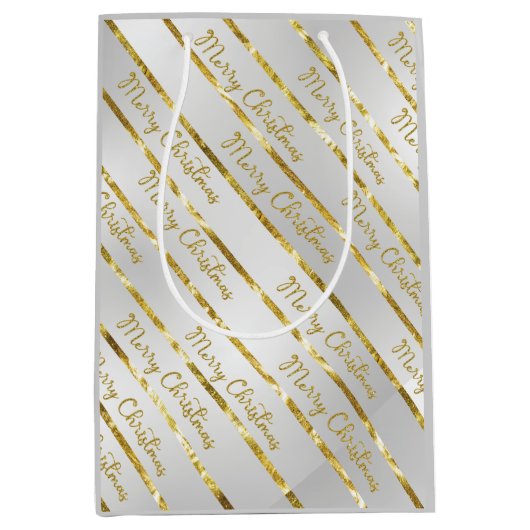 シルバーエレガント金ゴールドメリークリスマス ミディアムペーパーバッグ (正面)