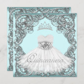 シルバーエレガント&ティール(緑がかった色)ブルーキンセアニェラ 招待状 (正面/裏面)