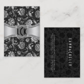 シルバーエレガント&ブラックフローラダマスク 名刺 (正面/裏面)